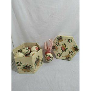 1980s Xmas Decoupage 12 Lacquered Round Ornaments Fruit & Holly Design Ornaments